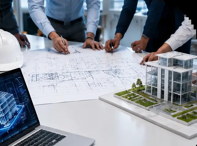 Équipe GEOREVO en réunion autour d'un plan BIM et d'une maquette 3D